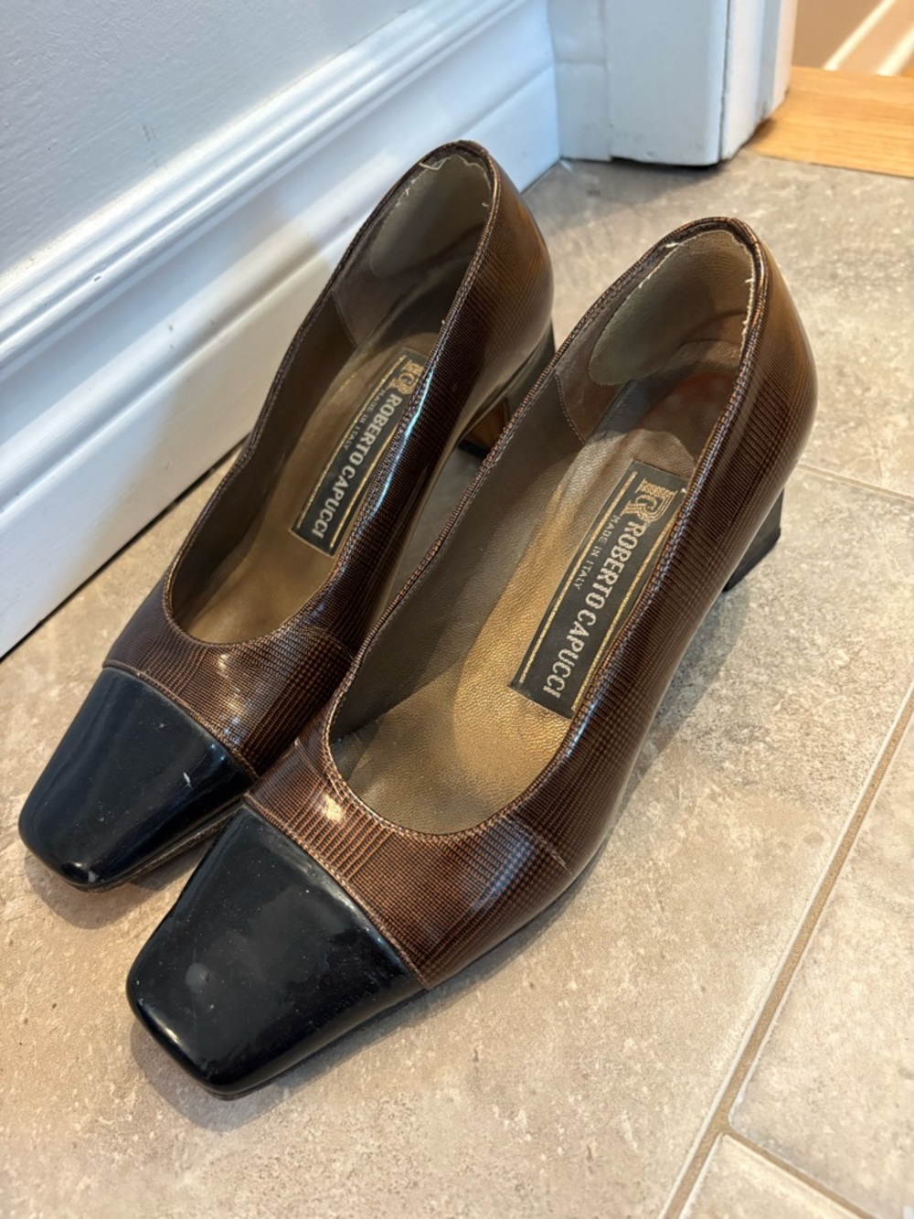 Brown Leather Block Heel Pumps with Black Patent Toe